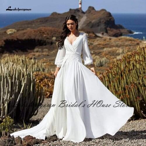 Lakshmigown Princess Bridal Boho Wedding Dress 2022 Robe Mariage Civil Puffy Long Sleeve Wedding Dresses Lace Illusion Back