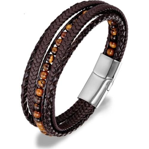 2019 New Men Leather Bracelet 6MM Natural Stone Wrap Woven Multilayer Boho Bracelet Men Handmade Magnetic Clasp Armband Jewelry
