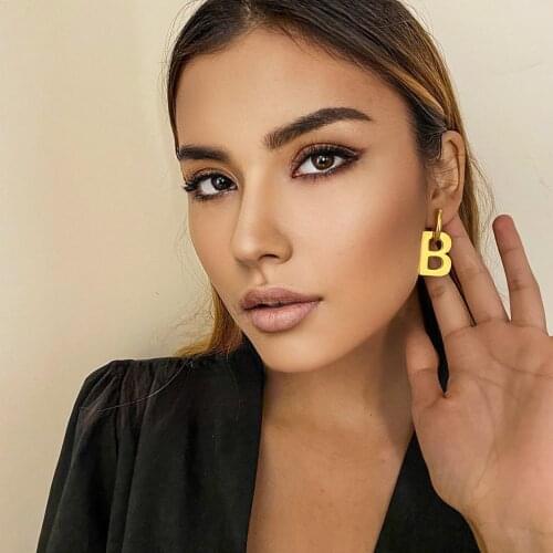 New Stainless steel real gold plated Fashion Punk alphabet Letter Earrings Geometric OvalVintage Hoop Earrings For Women Jewel