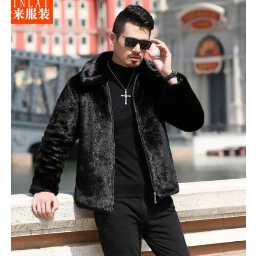 Autumn faux mink fur leather jacket mens winter warm Mid-length leather coat men loose jackets black jaqueta de couro fashion B