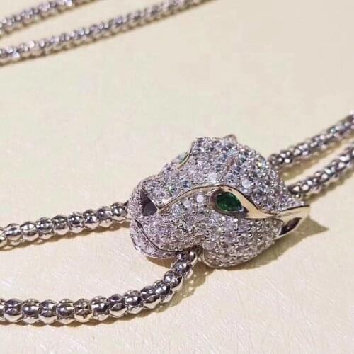 Green Eyes Leopard Head Chain Necklace Micro Cubic Zirconia Double Layers Panther Animal Charm Necklace Women Men Hiphop Jewelry