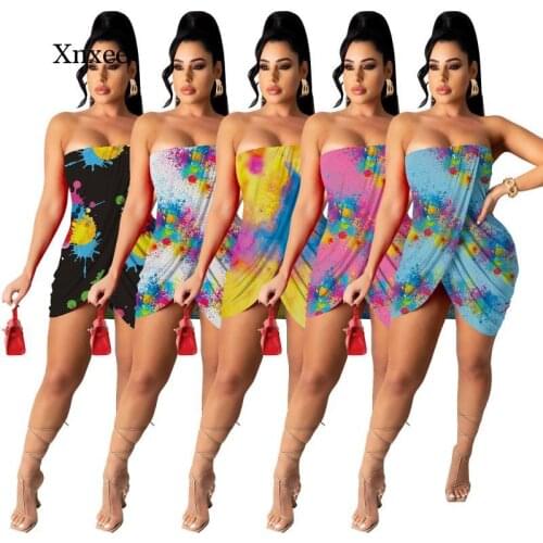 Sexy Tie Dye Splash-Ink Irregular Pencil Mini Dress Summer Off Shoulder Backless Wrapped Chest Printed Slim Dresses Fashion Robe