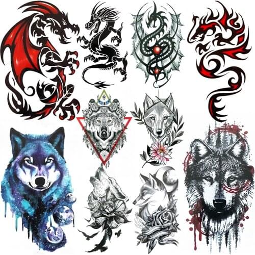 Tribal Totem Dragon Tattoo Sticker For Women Kids Men Black Wolf Temporary Tatoo Fake Forest Moon Flower Geometric Tattoos Paste