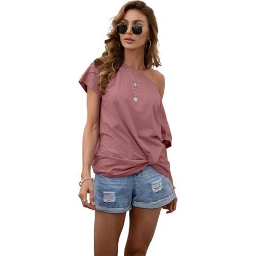 Summer Solid Color O Neck T Shirt Women Sexy Off-shoulder Under Twisted Flower Short Sleeve Diagonal Collar Casual T Shirt Femme