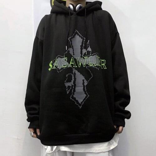New Autumn Hoodie Women Streetwear Hoodie Cartoon Cross Pattern Print Hoodie Vintage Man Hoodie Cotton Loose Hooded Pullover