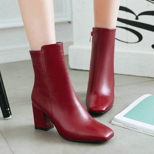 2020 Women Ankle Boots Square High Heel Zipper Women Boots Fashion Zipper Square Toe Women Short Boots Big Size 34-43