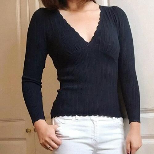 Fancy Knit Jumper Women Autumn V Neckline Scalloped Finishing Long Sleeves Knitted Pullovers Female Elegant Vintage Jumpers Tops