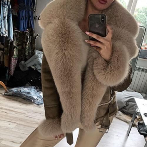 Winter Sheepskin Coats Natural Fox Collar Women Thicken Real Leather Fur Coat Female Fur Lining Leather Jacket