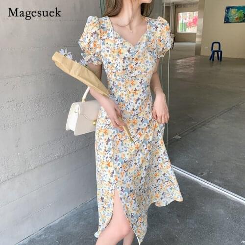 2021 Sweet New Summer Women Chiffon Dress V-neck Printed A-word Short Sleeve Dress Elegant French Slim Midi Dress Vestidos 14889