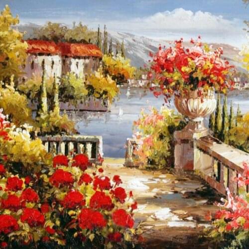 Scenic seaside garden cross stitch Oil painting girl 11/ 14ct /16/28/27CT cloth cotton thread embroidery DIY handmade
