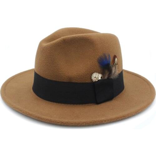 100% Wool Winter Autumn Womens Mens Fedora Hat With Feather Steampunk Sombreros Jazz Hat For Gentleman Panama Top Cap 25