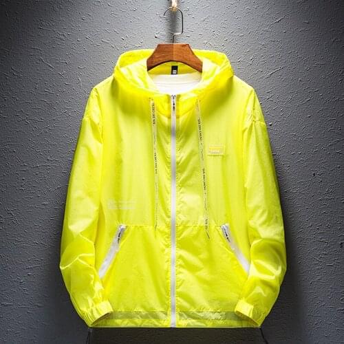 2021 Mens Summer Light Hood Jacket Fashion Reflective Thin Windbreaker Print Sunscreen UV-Protection Beach Casual Zipper Coat