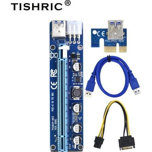 5Pcs TISHRIC VER008C PCIE PCI-E Pci Riser Card SATA To 6 Pin USB 3.0 Cable Express 1X to 16X Adapter Mining Bitcoin Miner