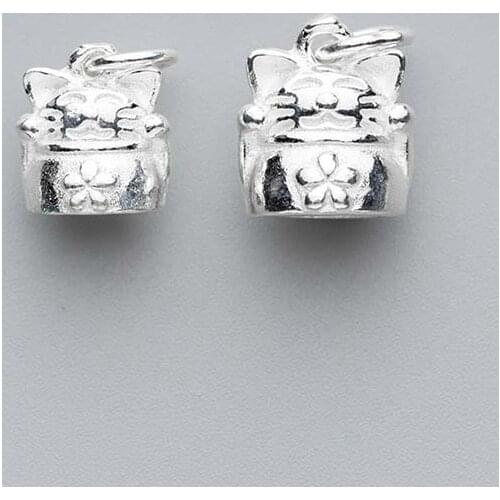 925 Sterling Silver Cute Cartoon Fortune Cat Charms Craft Handmade Decoration S925 Silver Pendant Materials DIY Jewelry Making