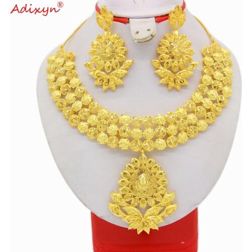 Adixyn African Jewelry Set Bridal Wedding jewelry 24K Gold Color Necklace Earrings Indian Natural Color Gifts N04077