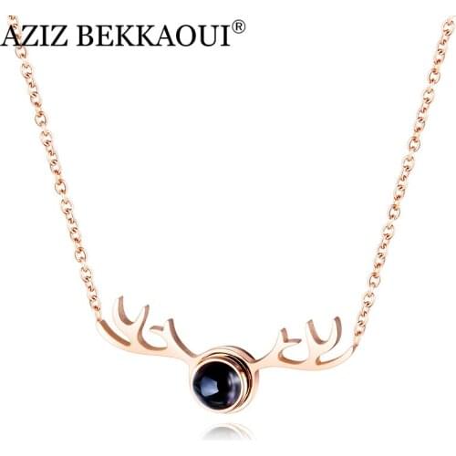 AZIZ BEKKAOUI Rose Gold Deer Pendant Necklace Stainless Steel Necklace 100 languages I Love You Romantic Love Memory Jewelry