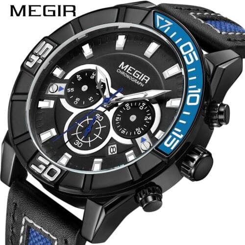 MEGIR New Fashion Mens Sport Watch Waterproof Chronograph Calendar Luminous Mens Watches Quartz Relogio Masculino 2066G