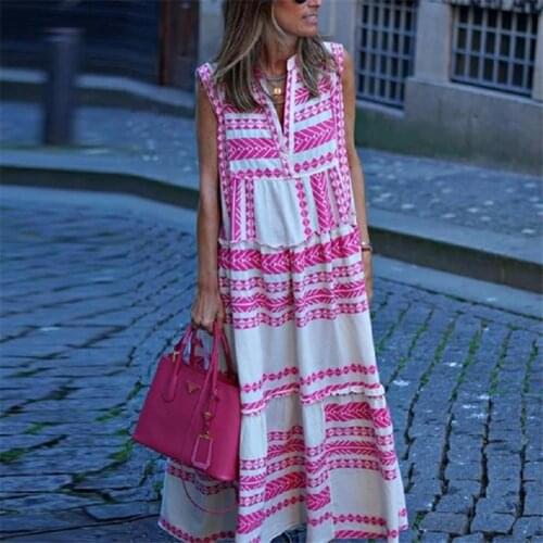 Boho Geometric Striped Print Long Maxi Dress Women Sexy V Neck Sleeveless Ruffled Pink Sundress Causal Loose Elegant Dress 2021
