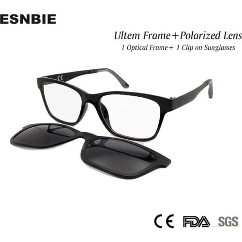 ESNBIE New Memory Ultem Nerd Glasses Frame with Magnetic Clip on Polarized Sun Glasses Lens Women Men Myopia Eyewear