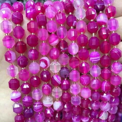Faceted Natural Rose Red Striped Agates Gem Stone Round Loose Spacer Beads For Jewelry Making Handmade DIY Bracelet Accessories