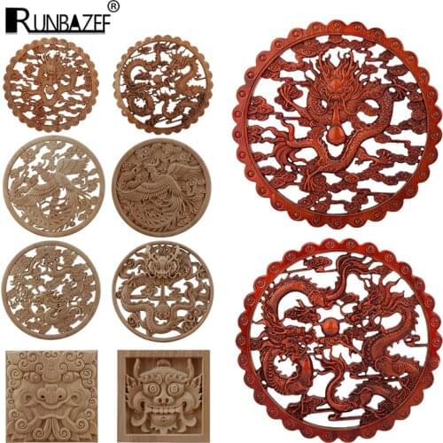 Chinese Dragon And Phoenix Mascot Unpainted Retro Line Wood Decals Wood Decals Oval Rubber Wood Home Furniture Wall Hot Sale Ne