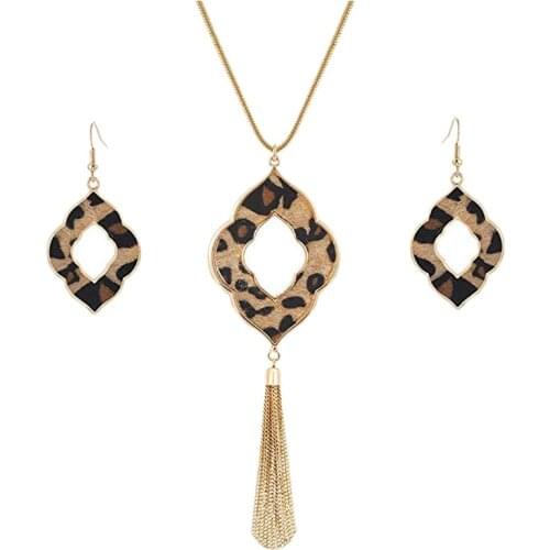 Long Necklace for Women Leopard Print Necklace Cheetah Leather Drop Dangle Earrings Set Geometric Pendant Necklace Fringe Tassel