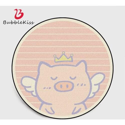 Bubble Kiss Cartoon Round Carpet Cute Angel Pig Pattern Rugs Modern Simple Bedroom Area Floor Mats Light Pink Girl Room Foot Pad