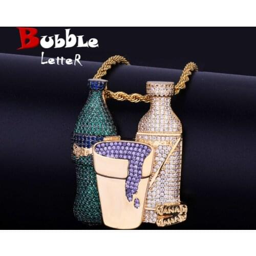 Double Sprite Bottle Hip Hop Pendant Necklace Gold Color Cubic Zircon Mens Jewelry