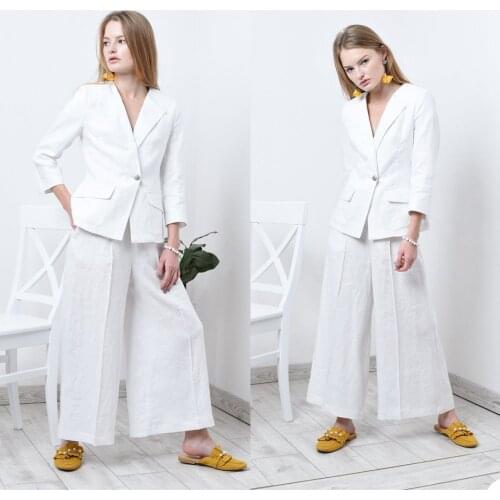 Summer White Linen Girls Wide Pants Suits Women 2 Pieces Long Sleeve Evening Party Prom Blazer Tuxedos (Jacket+Pants)