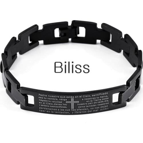 Fashion Men Jewelry New Mens Lords Prayer Cross Black Plated Stainless Steel Link Bracelet pulseira homens