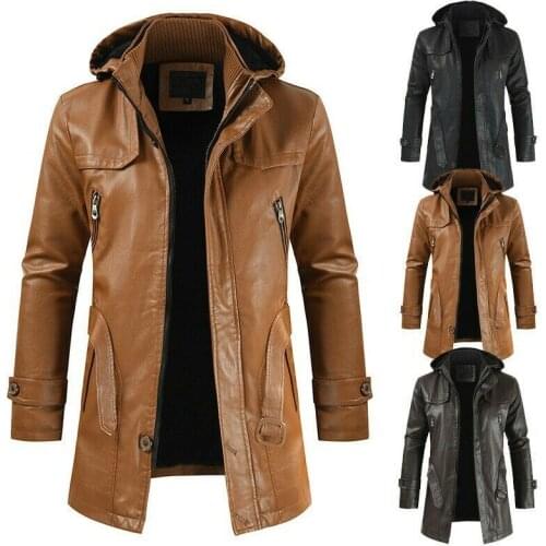 Mens Hooded Faux Leather Trench Coat Fleeces Lined Outwear Mid Length L8