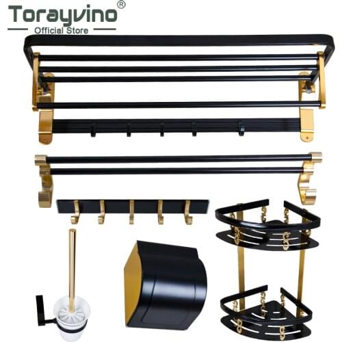 Torayvino Space Aluminum Bathroom Hardware Set Towel Shelf Toilet Paper Box Holders Hook Design Bathroom Accessories Combo Kit