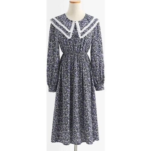 Autumn Floral Printed Dress Women Doll collar college style Long Sleeve Chiffon Dresses Female Elastic waist Mid-Calf Dress