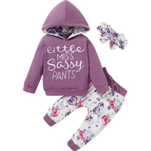 Citgeett Autumn 0-24M Infant Baby Girls Hooded Long Sleeve T-Shirts Tops Pants Headband Clothes 3Pcs Outfit Purple Sets