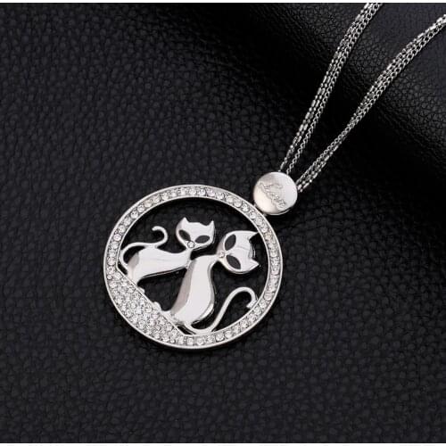 Couple Cats Pendant Necklace for Women Rose Gold Silver Plated Sweater Chain Long Necklace Fashion Jewelry Accessory Gift 2020