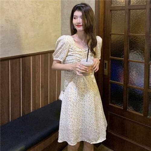 Dresses Women Summer New Style French Fairy Girl Square Collar Folds Waist Small Fresh Floral Chiffon Dress Female