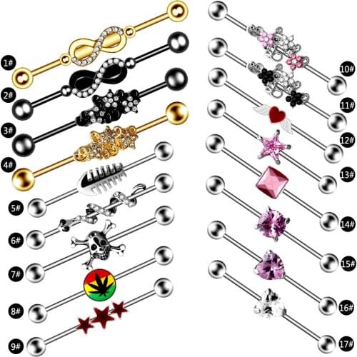 Punk Industrial Barbell Ear Piercing Women Heart Ear Cartilage Earring Tragus Piercing Rhinestones Long Ear Bone Stud Jewelry