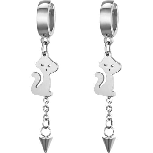 BONISKISS Trendy Pentagram Triangle Cat Pattern Chain Stainless Steel Non-Piercing Neutral Earrings Fashion Jewelry 2020