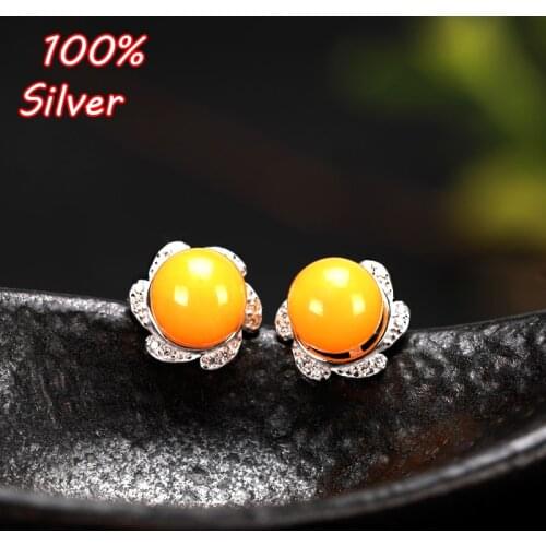 100% 925 Sterling Silver Color Earring Blank Stud Is Studded With Amber Beaded Earrings With a 6mm 7mm 8mm Round Female