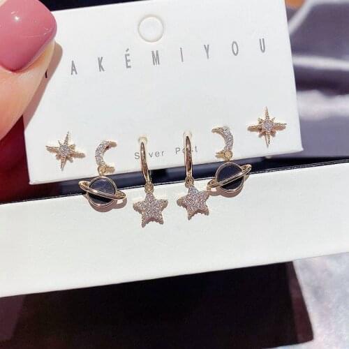 New Arrivals Cubic Zircon Star And Moon Small Hoop Earrings Gold 6 Pcs Set Drop Earrings For Women Wedding Jewelry 2021