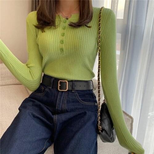 Womens Slim Sweaters Spring Autumn Long Sleeve Thin Ladies Solid Round Neck Jumper Casual Knitted Tops Buttons Female Pullover