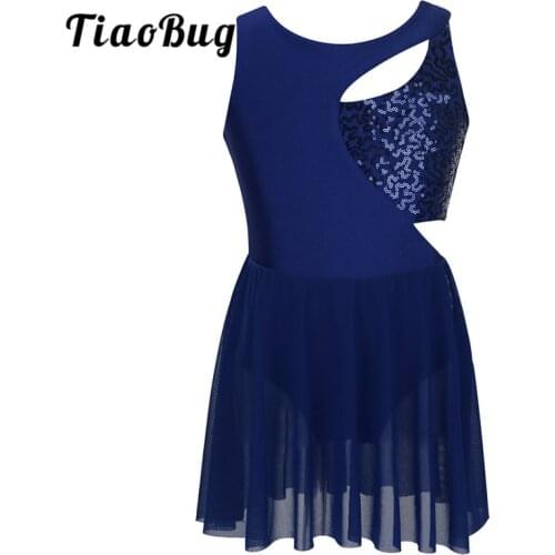 TiaoBug Kids Teens Shiny Sequin Sleeveless Figure Ice Skating Dress Ballet Gymnastics Leotard Children Girls Stage Dance Costume