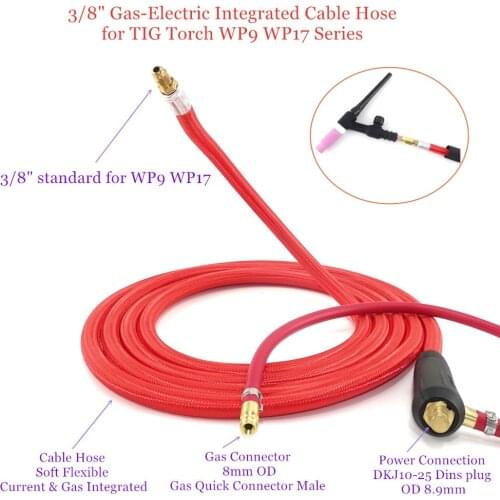 TIG Welding Cable Hose 3m Soft Flexible Integrated 3/8” 8mm Quick Connector for Tungsten Argon Air Cooled Welder WP9 WP17 Torch