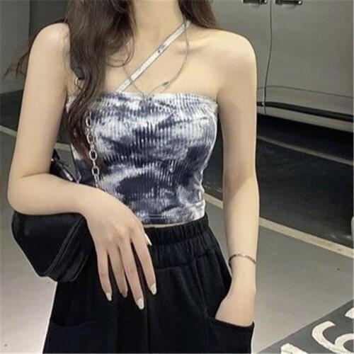 Women Crop Top Tie Dye Summer Spring Short Ins Camisole Fashion Shoulder Girls Boob Tube Street Snap Colourful Clothing Black
