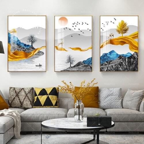 Embelish Golden Tree And Deer Mountains Landscape Wall Art Pictures For Living Room Home Decor Pictures HD Canvas Paintings