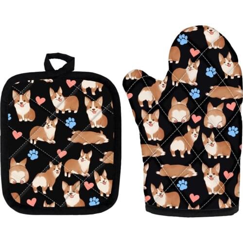 Corgi Dog Pattern Oven Mitts Baking Anti-Hot Gloves Pad Oven Microwave Insulation Mat Christmas Decoration Baking Accessories