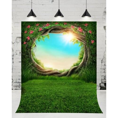 VinylBDS Sunny Tree Hole Forest Flowers Photography Backdrop Kids Green Grass Photo Studio Wedding Background for Children Props