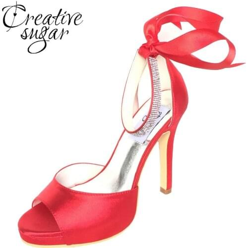 Creativesugar Elegant satin D'orsay pumps open toe rhinestone ankle strap ribbon bow party wedding evening dress shoes blue red