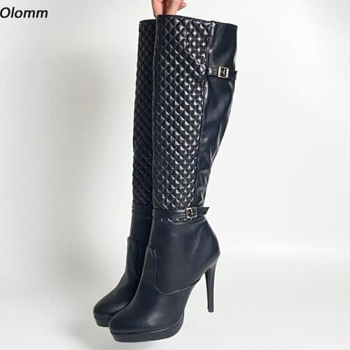 Olomm Handmade Women Winter Knee Boots Buckle Strap Side Zipper Sexy Thin Heels Round Toe Black Club Shoes Plus US Size 5-20