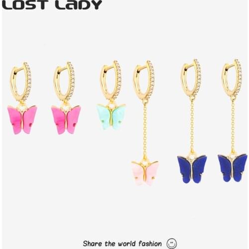 Lost Lady New Korean Fashion Multicolor Butterfly Dangle Earrings Cute Statement Hanging Earring for Women Party Jewelry Gifts